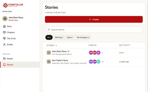 Storyteller admin Stories screen listing each story, its Circle and recent activity