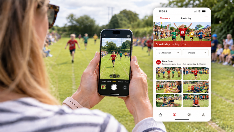 Over the shoulder view of a carer photographing a child at sports day, with the Storyteller Moments screen showing the day's photos