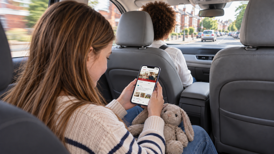 A girl in the back of a car reading her Story on a phone, a toy rabbit on her lap