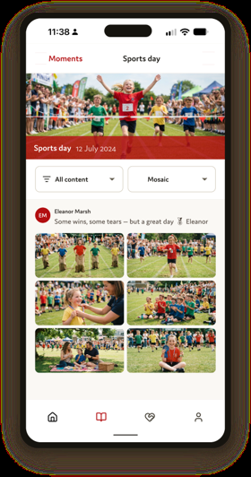 Storyteller Moments screen for a sports day, showing a gallery of photos added by the Circle