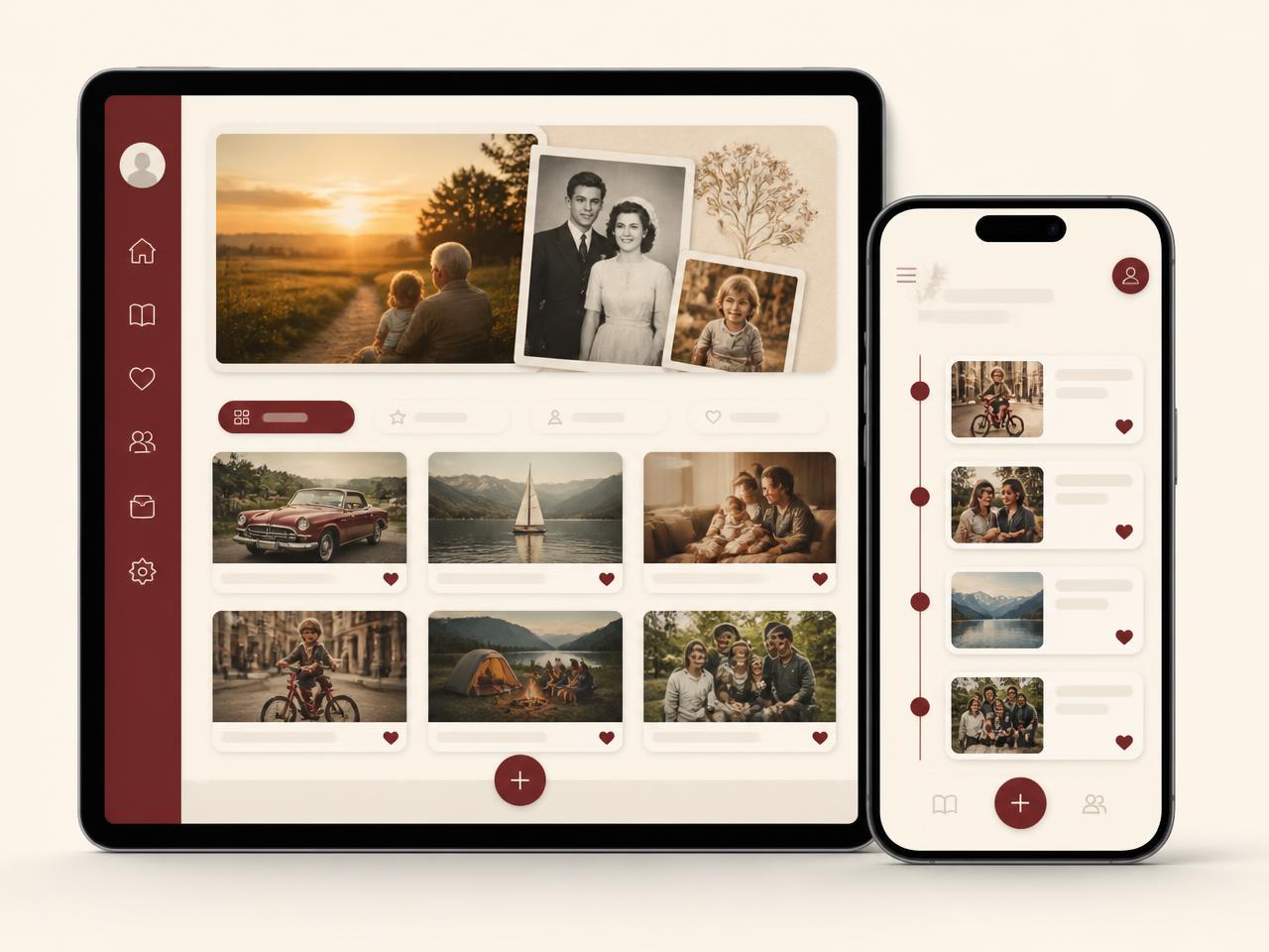 Storyteller shown on a tablet and a phone, with a photo timeline of life story memories